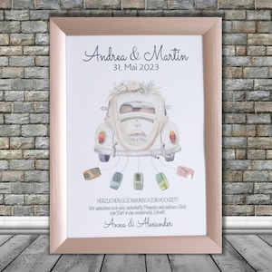 Personalisiertes Geldgeschenk Poster Hochzeit Auto Karte Wünsche Sprüche ungerahmt Geld schenken Wedding Just married DIN A3 A4 AUTO02
