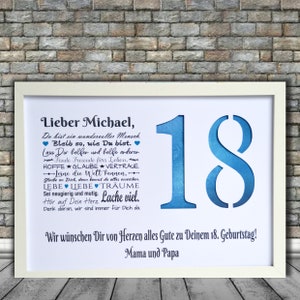 Geldgeschenk personalisiert - 18. Geburtstag - Herzen blau - Wünsche - Karte - jede Zahl möglich 17. 19. 20. 25. 30. ohne Rahmen