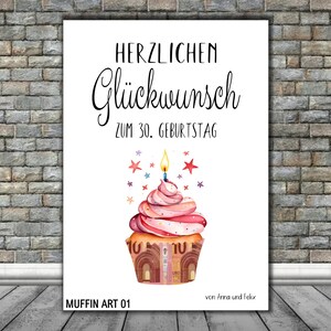 Money gift personalized - number - card - voucher muffin cake - 18th 20th 30th 40th 50th 60th 70th birthday (any number possible) unframed