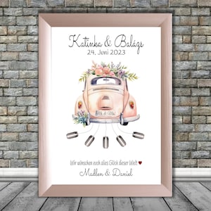 Personalisiertes Geldgeschenk Poster Hochzeit Auto Karte Wünsche Sprüche ungerahmt Geld schenken Wedding Just married DIN A3 A4 AUTO01