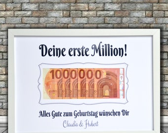 Personalisiertes Geldgeschenk - Deine erste Million! Karte Gutschein 20. 30. 40. Geburtstag (jede Zahl möglich ) - ungerahmt