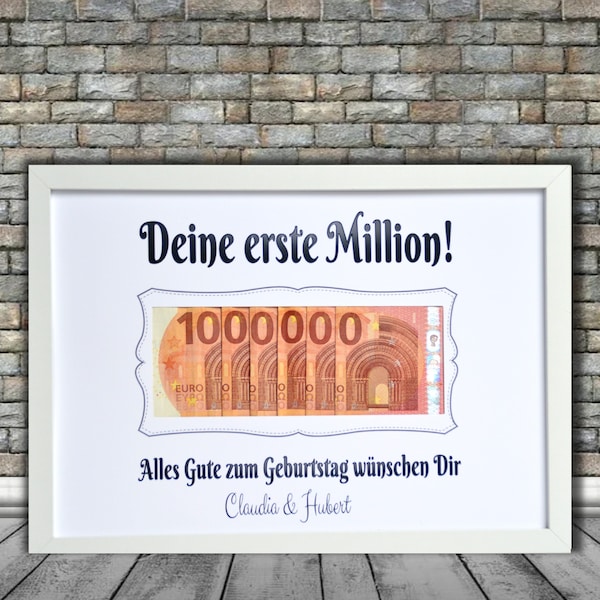 Personalized money gift - your first million! Card voucher 20th 30th 40th birthday (any number possible) - unframed