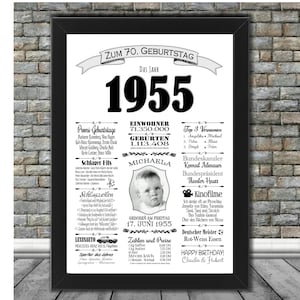 Personalisierte Jahreschronik 70. Geburtstag - 1955 - Geldgeschenk - Gutschein - Karte DIN A4 A3 ungerahmt