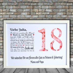 Personalized money gift - 18th birthday - red hearts - wishes - card - any number possible 19th 20th 25th 30th unframed