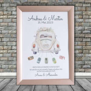 Personalisiertes Geldgeschenk Poster Hochzeit Auto Karte Wünsche Sprüche ungerahmt Geld schenken Wedding Just married DIN A3 A4 AUTO01