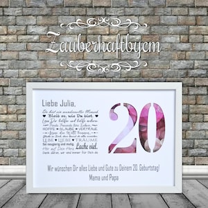 Personalized cash gift - 20th birthday - hearts - wishes - card - voucher - any number possible 18th, 20th, 25th, 30th, without frame