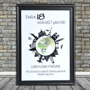 Geldgeschenk personalisiert - 18. Geburtstag Weltkarte Globus Karte - jede Zahl möglich 19. 20. 25. 30. ungerahmt