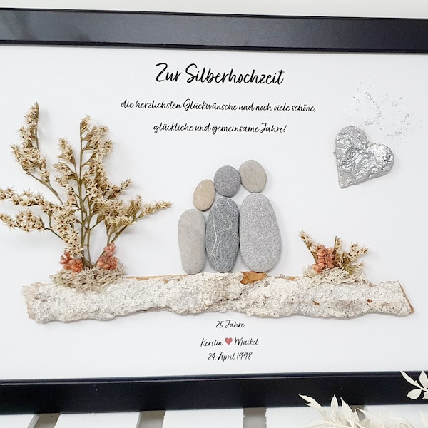 Geschenk Silberhochzeit  25 Hochzeitstag Jahrestag Ehepaar Liebe Glück Glückwunsch Steinbild Kieselsteinbild  Dekoration Personalisierbar