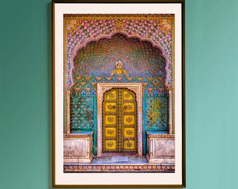 May include: A large, ornate, golden door with intricate carvings and a colourful mosaic archway above it. The door is set in a wall with a green and blue tiled pattern.
