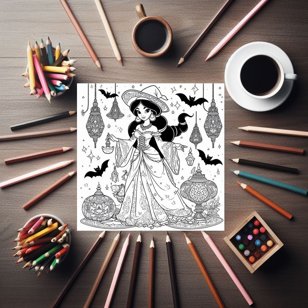Jasmine Princess Halloween Coloring Pages, 10 Pages, Cute Coloring ...