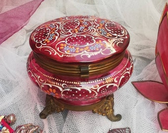 Antique Ormolu Jewelry Box ~ Cranberry-red Moser Vanity Jar with Hand-enameling & Fine Gold Motifs ~ 1900s