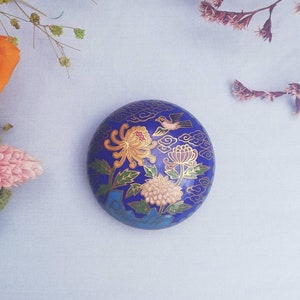Vintage Cloisonne Box in Blue Cobalt Enameled Brass with Flowers and Bird