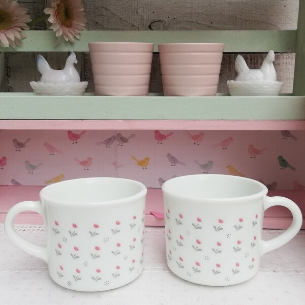 Vintage Pyrex Mugs Flowers Pink Tulip Pattern, White Thick Cups Made in England