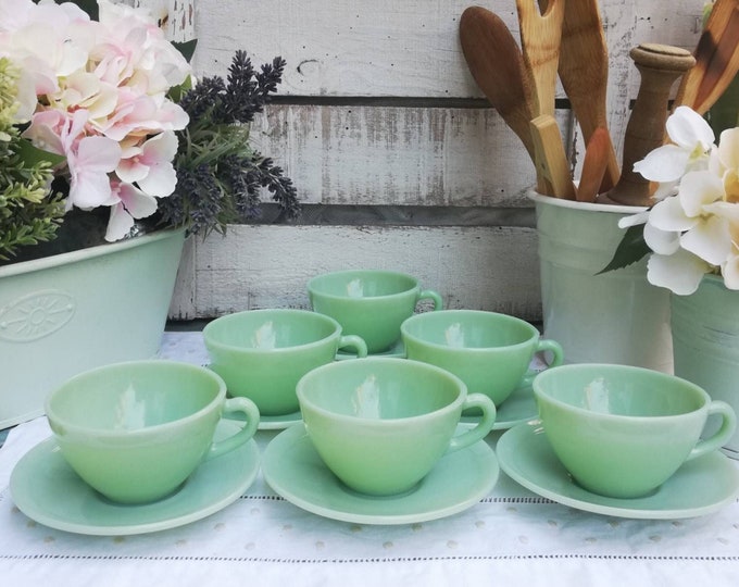 Jadeite Tea Set of Vintage Green Opaline 6 Tea Cups & Saucers Etsy