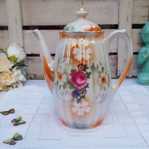 Antique Collectible Coffeepot Double-sided 20-30s Pearlescent Porcelain Floral Design