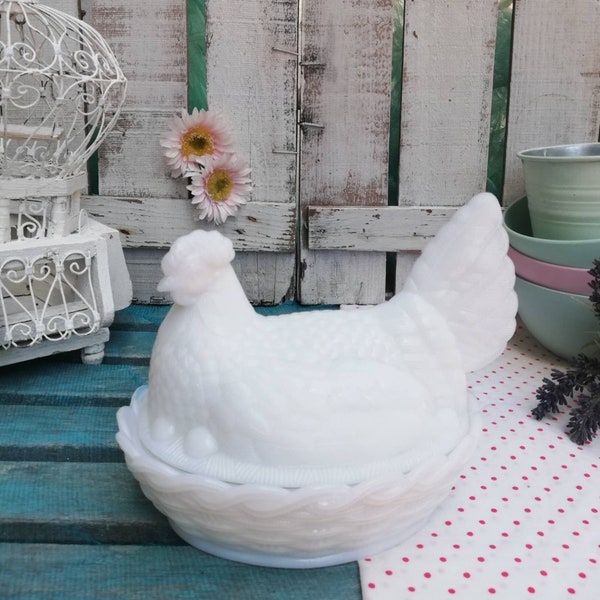 Hen on Nest in Opaline Glass, Six Eggs Mid Century medium White Lidded Candy Dish 7"