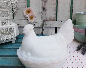 Vintage Opaline Glass Hen on Nest, Mid Century Lidded Candy Dish, 7"