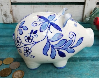Piggy Bank Vintage Handmade Delft Blue Floral Hand-Painted Motives