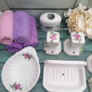 Vintage Porcelain Bathroom Set Floral Pattern by Cristina Rueda: Wall Soap Holder ~Towell & Paper Holder ~ Teethpot ~Shell Soap Dish~ 8 pcs.