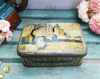 Original Art Decó Tin Box Hinged Lid, Antique Lithography Exotic Dreamlike Scene 1920s-30s Turquoise and Gold Accents