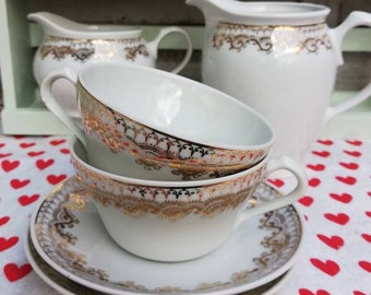 Tea Set White Gold Porcelain Antique Cups and Saucers by Santa Clara: 2 Coffee-latte cups, Milk Jug, Creamer and a Biscuits Platter