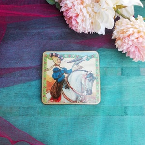 Collectible Tin Box with Hinged Lid, Old Style Image of Female Rider on Horseback with Falcon, Antique Cigarette Case Type Made in England