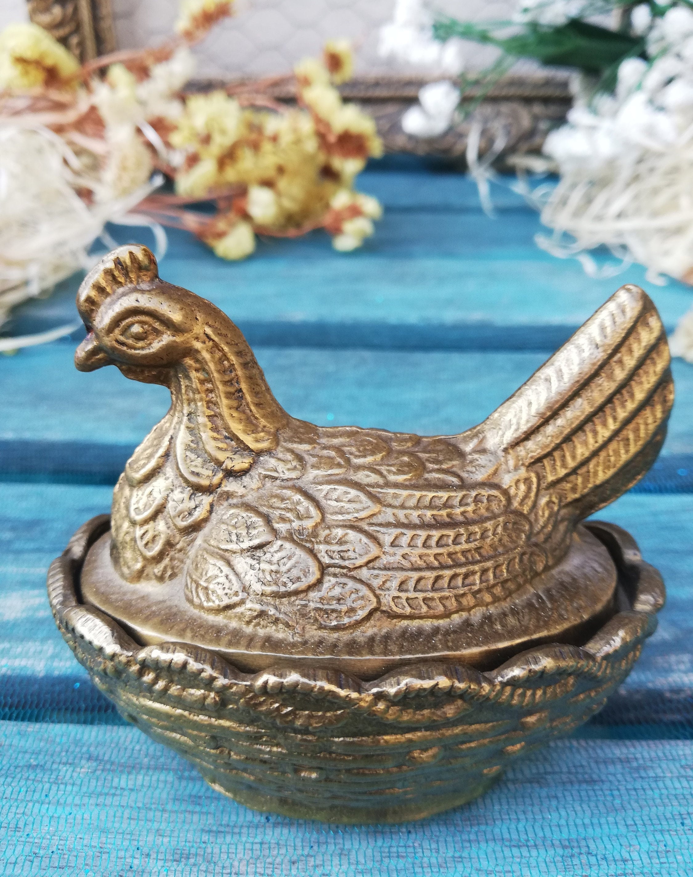 Hen on Nest, Brass Mid Century Golden Lidded Candy Dish - Etsy