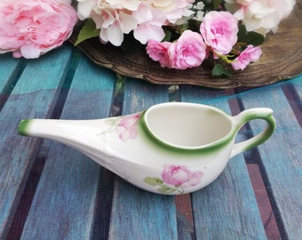 Baby feeder Antique Pap Boat Pink Roses and Green Accents Collectible Porcelain Feeding Cup