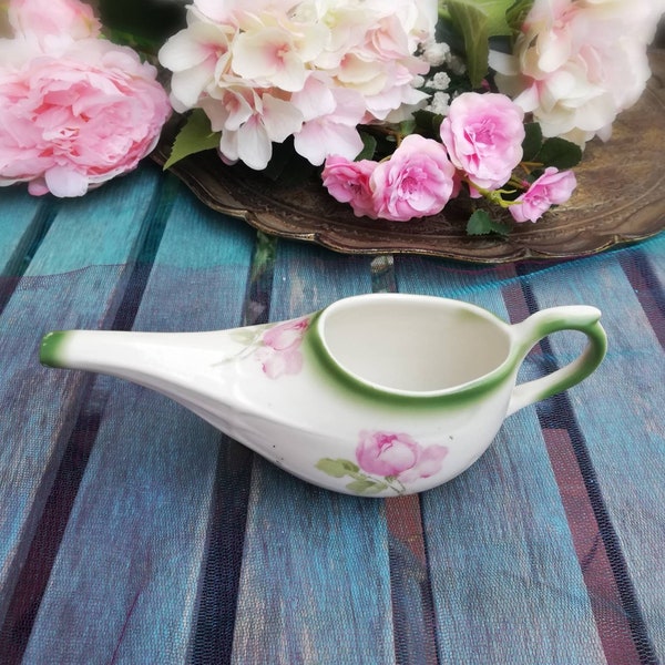 Baby feeder Antique Pap Boat Pink Roses and Green Accents Collectible Porcelain Feeding Cup