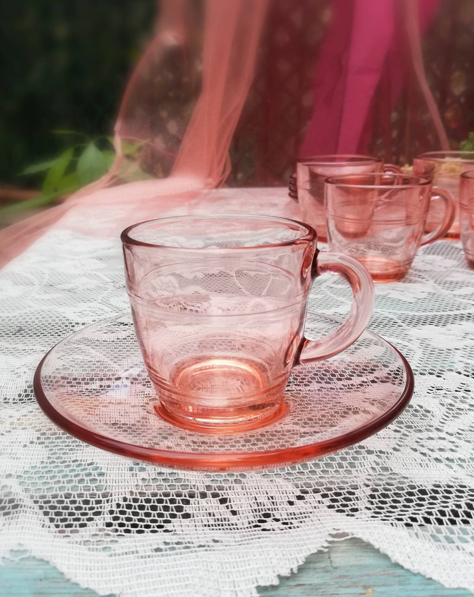 Pink Glass Coffee Set Duralex Vintage Mugs GIGOGNE 4 Services Cups Saucers France Etsy UK