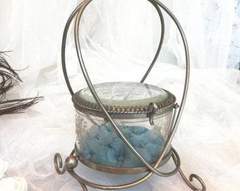 Antique Beveled Glass Jewelry Box, Etched Flowers, Turquoise Silk Lining