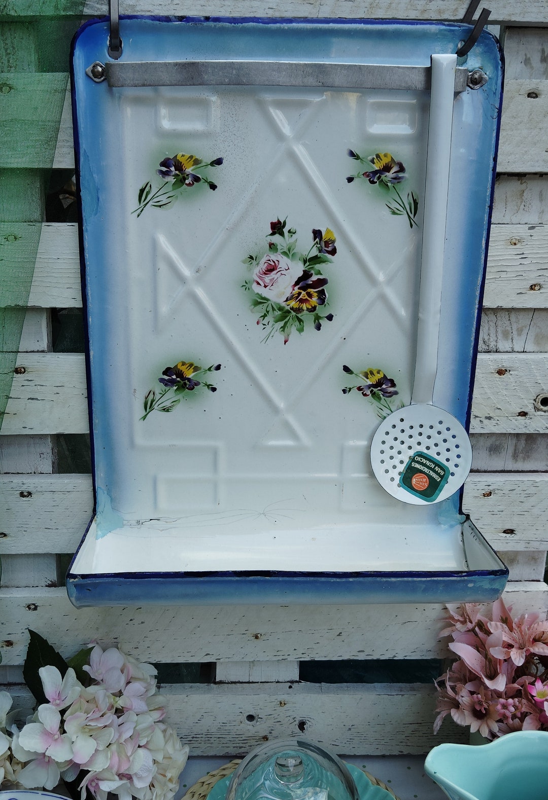 Enamel Spoon Rack Antique Enameled Kitchen Utensil Rack + Skimmer : Roses and Violets ...