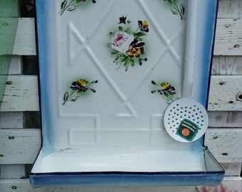 Antique Enameled Kitchen Utensil Rack + Skimmer : Roses and Violets, French Country Decor