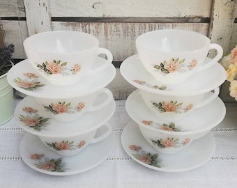 Vintage Arcopal Rose Opaline Cups, French Milk Glass Mugs, Set of 6