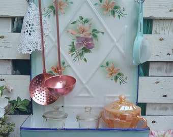 Antique Kitchen Utensil Drainer French Wall White Enameled Wall Rack Pink Flowers Embossed Details