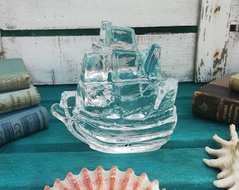 Pukeberg Sweden Ship Figurine Crystal Glass Antique Frigate, Paperweight with Original Labels