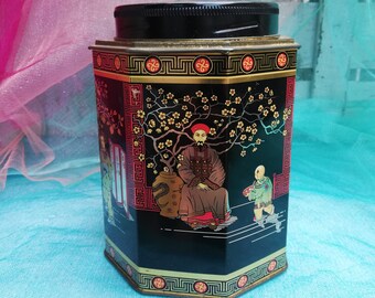 Antique Tin Tea Box with Lid 6&quot; Octagonal in shape and Chinese Paintings Medium Size, Made in England