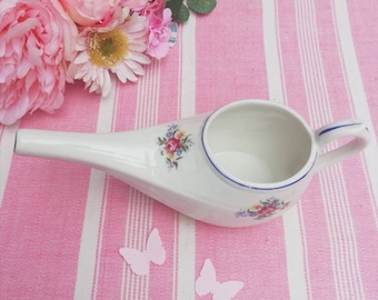 Antique Baby Feeder, White Porcelain Feeding Cup with Pinky Flowers and Cobalt Accents, Collectible Invalid Feeder, Pap Boat Infant Medicine