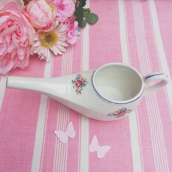 Antique Baby Feeder, White Porcelain Feeding Cup with Pinky Flowers and Cobalt Accents, Collectible Invalid Feeder, Pap Boat Infant Medicine