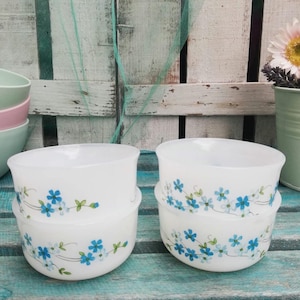 Vintage Arcopal Veronica Ramekins: French Opaline Milk Glass Bowls ~ Blue Floral Set of 4