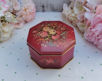 Boîte ronde octogonale en fer blanc rouge à collectionner vintage avec accents dorés et fleurs fabriquée en Angleterre