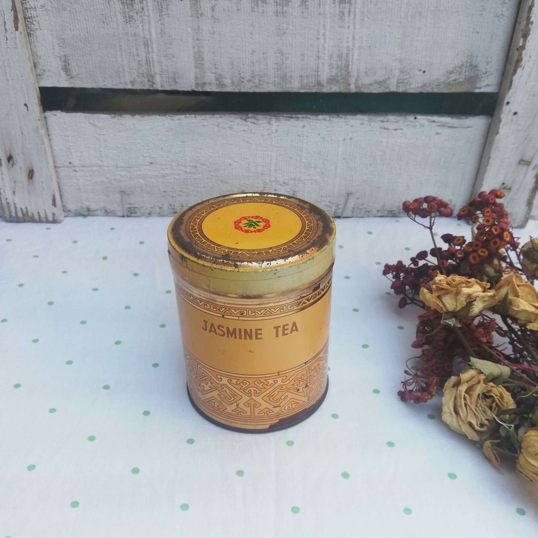 Vintage Sealed Jasmine Tea Tin: Yellow Shanghai Tea Box