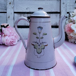 Bule de esmalte Art Nouveau ~ Bule de café antigo com nenúfares pintados à mão ~ Início dos anos 1900