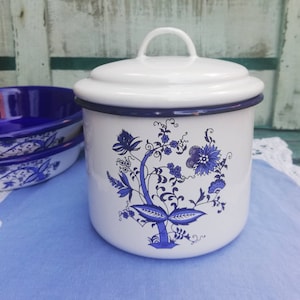 Vintage Enamel Cookware Set ~ 3 Matching Pieces White & Blue Onion Pattern: a Pot with Lid and Two Enameled Saucepans