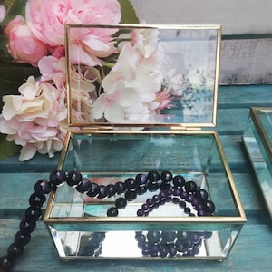 Glass Jewelry Box, Vintage Mirror Storage box in Golden Brass and Beveled Cut Clear Glass Rose motives, Gift for Her