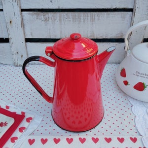 Bule Esmaltado Vintage Vermelho e Branco Cafeteira