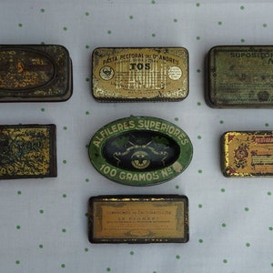 Antique Collectible Tin Boxes Lot Medicine Containers Old Can Pills Pharmacy Packages ~ Medicines Suppositories Honey Balsam Pins Apothecary
