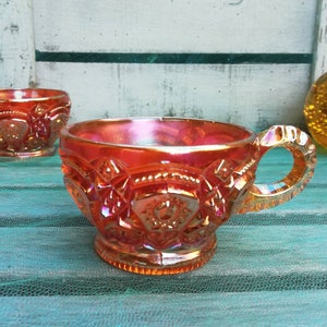 Carnival Glass Cups in Rare Iridiscent Peach Luster Pattern, Fenton Marigold 2 Cups