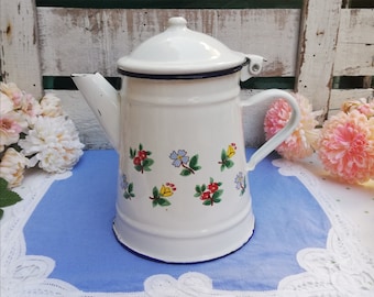 Vintage Enameled Teapot Small Colorful Flowers Coffeepot