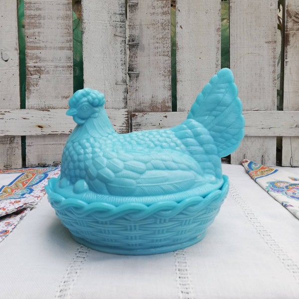 Hen in Nest Turquoise Blue Opaline Glass, 7" Candy Dish with Lid Mid-century Collectible Chicken